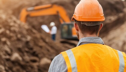 Construction worker overseeing excavation site with heavy machinery in background for safety and planning