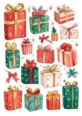 A collection of beautifully wrapped gift boxes in various colors and patterns on a white background.