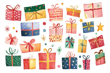 A collection of colorful gift boxes with various patterns and ribbons, perfect for festive occasions.