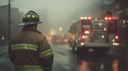 Fototapeta premium A firefighter stands on the side of a street in front of a fire truck
