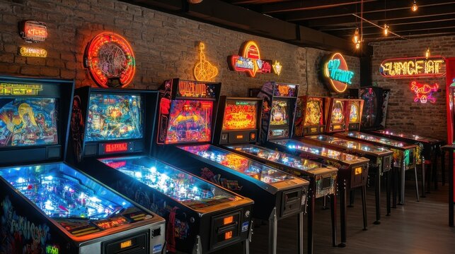 A retro arcade filled with classic pinball machines, glowing neon signs, and vintage games creating a nostalgic 80s vibe