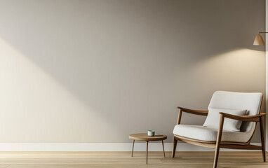 A modern beige living room with a comfortable armchair and stylish side table