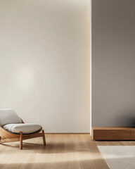 Fototapeta premium Minimalist interior design featuring a wooden chair in a serene and modern living room