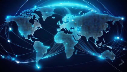 Naklejka premium Digital representation of a world map with glowing lines connecting different continents.