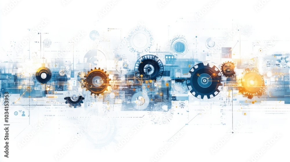 Poster abstract composition of gears, cogs, and tech elements rotating in sync on a white background, captu