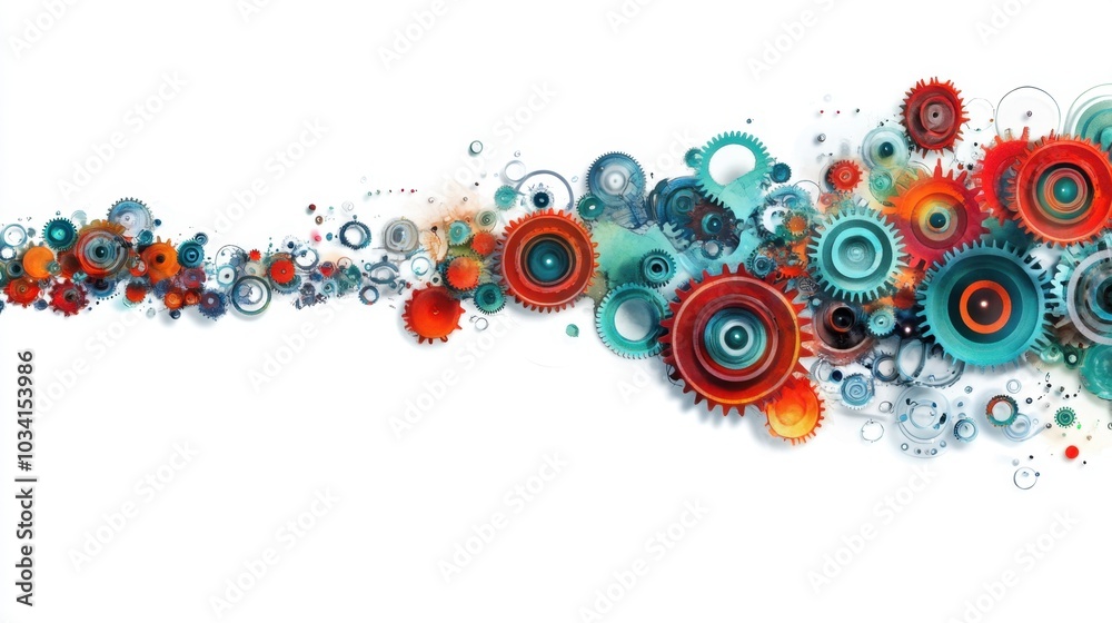 Poster abstract composition of gears, cogs, and tech elements rotating in sync on a white background, captu