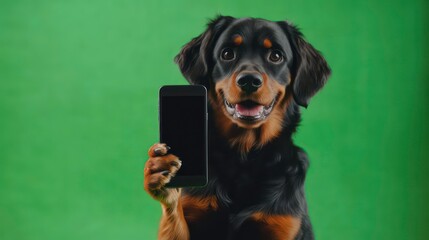 A black and tan dog holds a smartphone in front of a green screen.