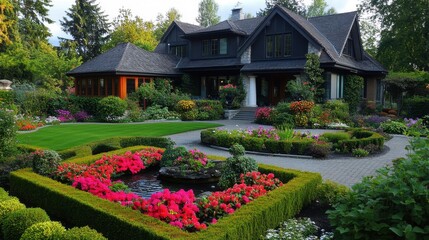 Obraz premium A beautiful home with a lush garden, featuring vibrant flower beds, trimmed hedges, and a water feature.