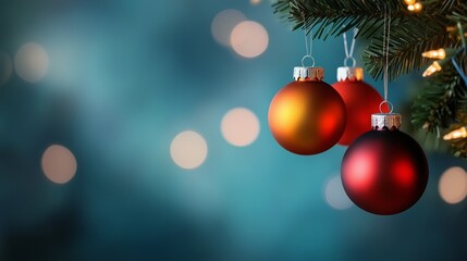 Fototapeta premium A set of colorful ornaments hanging from a Christmas tree, against a soft, blurred background