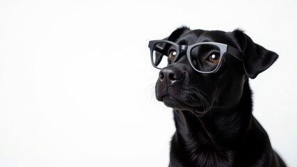 Black dog in black glasses isolated on white background looking at camera