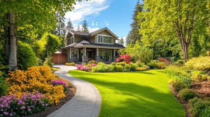 Obraz premium A beautiful house with a spacious garden featuring tall trees, colorful flowers, and a winding stone pathway.