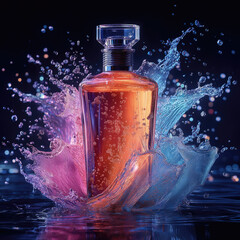  Perfume Fragrance  Bottle on the water,  with intricate floral patterns on the body of the bottle,  Splashing Water