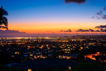 Obraz premium Cityscape at Dusk with a Vibrant Sunset and a Silhouette of a Palm Tree
