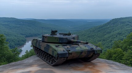 Fototapeta premium Modern Military Tank on Mountaintop Overlooking River Valley