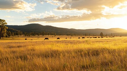 Obraz premium Serene Sunset Over Golden Meadows with Grazing Cattle and Majestic Mountains in the Background