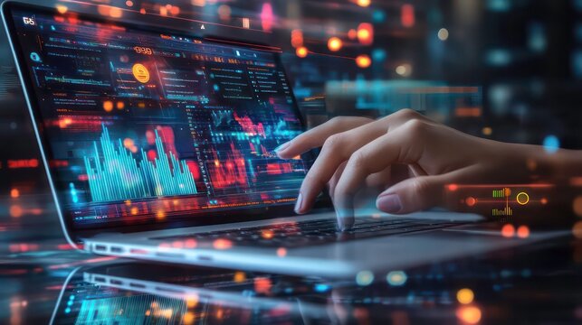 A hand on a laptop keyboard with a screen displaying stock market graphs and charts.