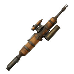 Steampunk-inspired weapon design featuring intricate metalwork and wooden details on an isolated background
