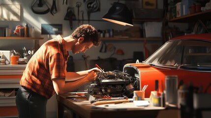 A mechanic repairing a vintage car engine in a well-organized garage during the afternoon