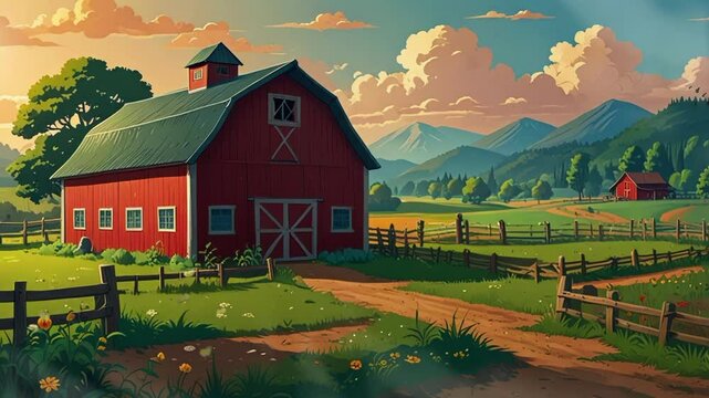 A vibrant sunset over a tranquil farm with a red barn, windmill, animals, and colorful trees, creating a serene rural atmosphere. seamless looping 4k video background animation