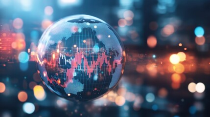 Blue globe with transparent stock market graphs projected on it, symbolizing global trade and economic trends
