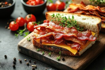 Delicious bacon sandwich with cheese and thyme on a wooden cutting board