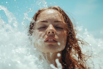 Beautiful woman enjoying refreshing ocean water on her face