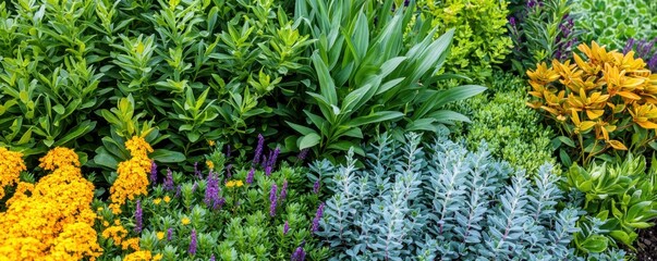 Vibrant garden greenery with assorted flowers and foliage, captured in natural light.
