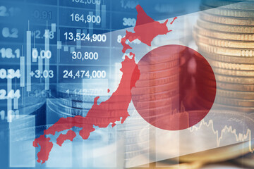 Japan flag with stock market finance, economy trend graph digital technology.