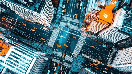 Fototapeta premium Aerial View of a Bustling Urban Intersection with Iconic Yellow Taxis and Modern Skyscrapers in the Heart of the City