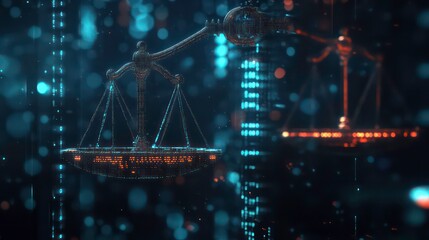 Digital scales of justice with glowing blue and red lights and a bokeh effect.