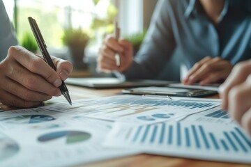 Business people analyzing financial documents and taking notes during a meeting