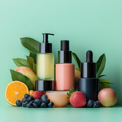 pile of different cosmetics on mint green background. a couple of newly freshly cut fruits 
