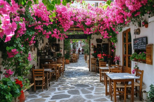 Picturesque narrow street with tables, chairs and blooming bougainvillea in naoussa, paros island, greece