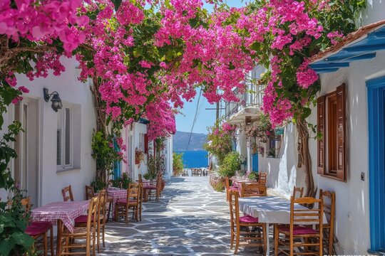 Fototapeta Picturesque narrow street covered in flowers in a greek island