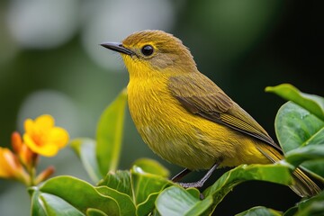 Small yellow bird perched on branch looking right