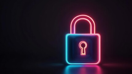 Futuristic lock icon in vibrant neon colors, representing cybersecurity, data privacy, and secure networks in a high-tech virtual environment