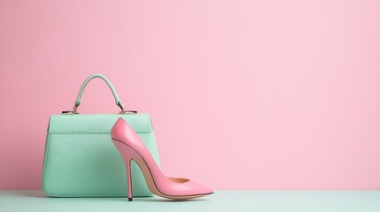 High-fashion pink stiletto and mint green purse on a pastel backdrop, minimalist luxury accessories concept for fashion design and promotion