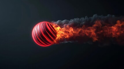 Red cricket ball flying through the air with flames and smoke, neon lighting effects, representing high-speed action and World Cricket Day