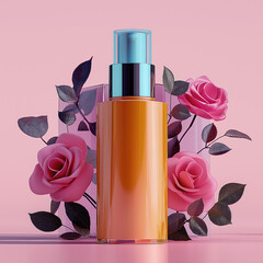 transparent cosmetics skin care bottle with pink Roses  