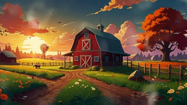 A vibrant sunset over a tranquil farm with a red barn, windmill, animals, and colorful trees, creating a serene rural atmosphere. seamless looping 4k video background animation