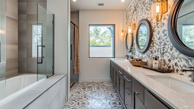 A beautifully decorated bathroom with patterned tiles, a modern vanity, and elegant lighting fixtures.