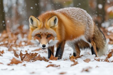 Obraz premium Red fox walking through the snow covered forest