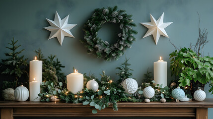 Scandinavian Style Christmas Decorations on Mantel