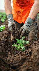 Fototapeta premium Gardener planting seedlings in fertile soil.