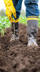 Gardener working soil with boots and gloves