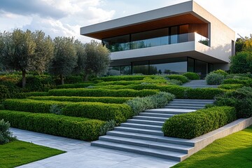 Naklejka premium Modern house with lush garden featuring stone stairs and geometrically trimmed hedges