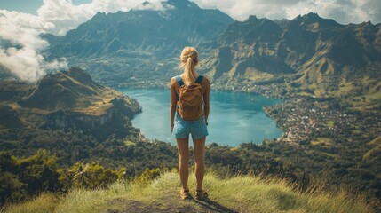 Young woman hiking is enjoying the view of lake annecy in the french alps