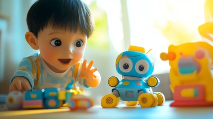 Young child plays with colorful robotic toys in a bright room