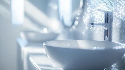 Clean, minimalist white bathroom counter, with sparkling tiles in the background, suitable for showcasing bath products or design ideas