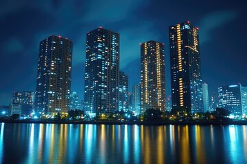Obraz premium Tokyo skyline reflecting in the water at night